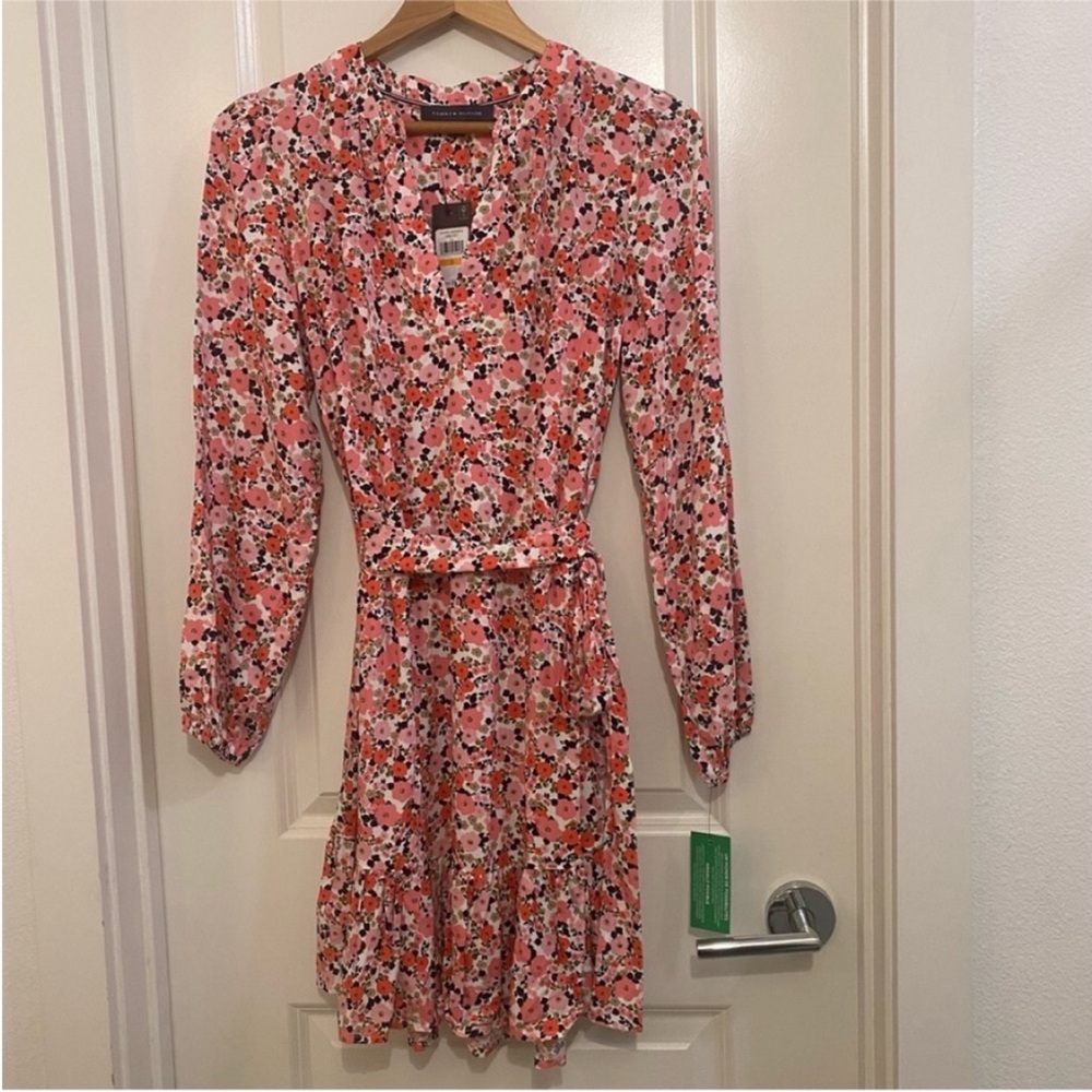 NWT Tommy Hilfiger pink Floral long sleeve band collar tie waist Dress small